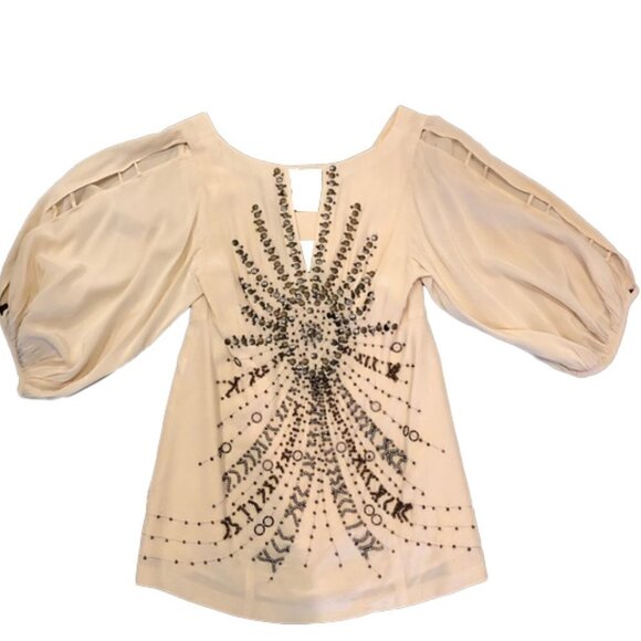 Nanette Lepore Beige Beaded Boho Blouse Size 0 - Picture 3 of 11